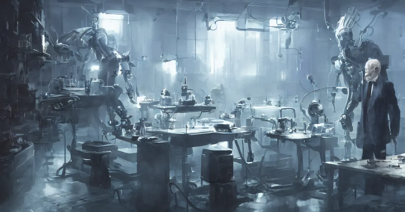 Image similar to realistic image from scifi movie with old doctor creating new humanoid robots in his laboratory, table with scifi tools, reflections, volumetric fog light, dark atmosphere, dramatic cinematic composition, depth, defocus, rendered in vray, raytracing, raymarching, by ilm, digital domain, weta digital