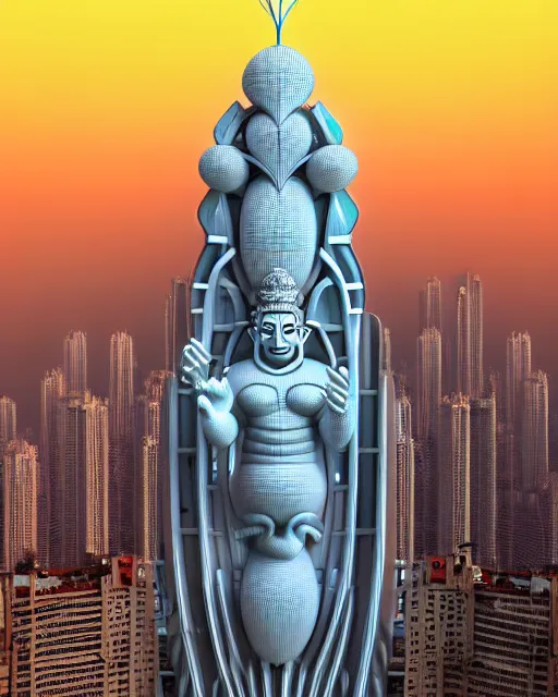 Image similar to high quality 3 d futuristic biomorphic hanuman! head building in mumbai!! centre, highly detailed, cinematic smooth, berenice abbott & john j. park, dramatic warm morning light, wide shot, high angle, uhd 8 k, sharp focus