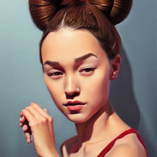 Prompt: a painting of a woman with a bun in her hair, a character portrait by constance gordon - cumming, trending on cgsociety, hyperrealism, detailed painting, hyper realism, ilya kuvshinov