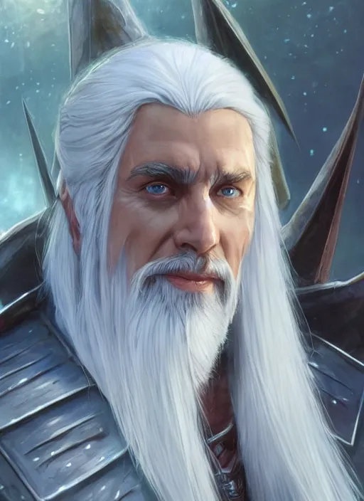 Image similar to man with white hair and white goatee, dndbeyond, bright, colourful, realistic, dnd character portrait, full body, pathfinder, pinterest, art by ralph horsley, dnd, rpg, lotr game design fanart by concept art, behance hd, artstation, deviantart, hdr render in unreal engine 5