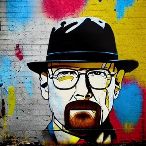 Image similar to Heisenberg, Walter White as Batman, Urban Graffiti Banksy, Bordalo, trending on artstation