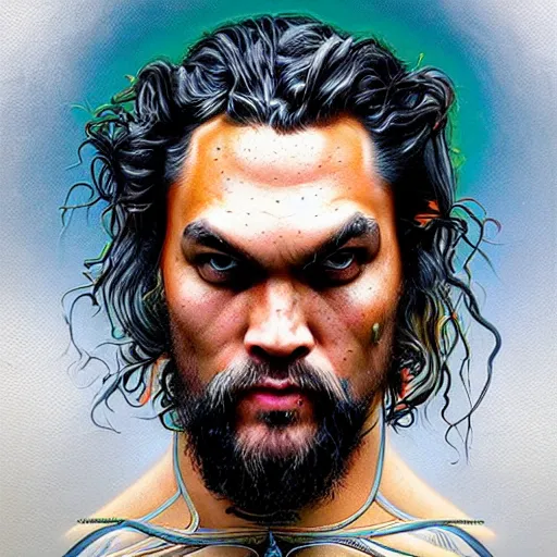 Image similar to portrait of jason momoa, hyper detailed masterpiece, neon floral pattern, jean giraud, digital art painting, darkwave goth aesthetic, psychedelic, artgerm, donato giancola and tom bagshaw