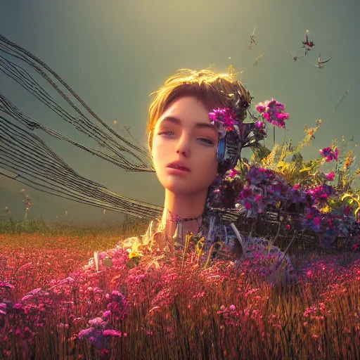 Prompt: beautiful female robot in a field of flowers in sunlight, she is decrepit and worn, computer, wires, detailed, 4k, trending on artstation, shaded, lighting, grass, flowers, raycasting, nvidia