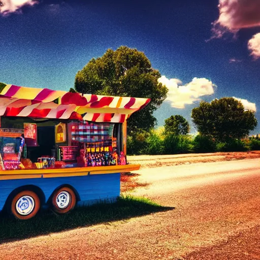 Image similar to colorful ( pop rock candy ), fruit stand on the side of a serene country dirt road, dramatic color, hdr, partly cloudy, 8 k, 4 k, trending on artstation cgsociety, octane ue 5