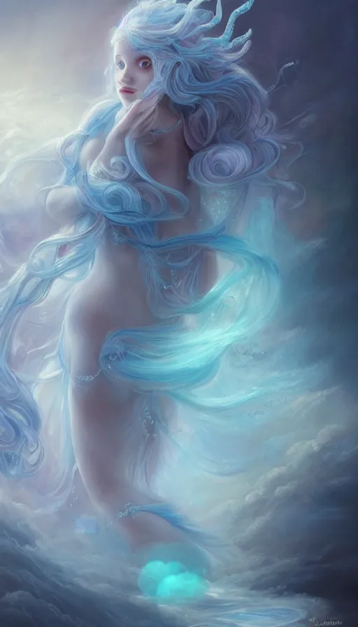 Image similar to portrait of magical ghost triton, ethereal , cloudy, transparant, gradient white cyan, dreamy and ethereal, (colour) eyes, peaceful expression, ornate frilly dress, fantasy, intricate, elegant, rainbow bubbles, highly detailed, digital painting, artstation, concept art, smooth,b sharp focus, illustration, art by artgerm and greg rutkowski and alphonse mucha