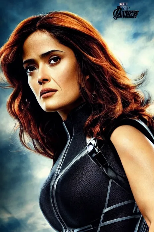 Image similar to salma hayek as black widow in the avengers, portrait realistic photograph, very detailed face