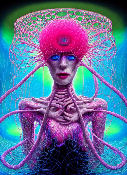 Image similar to hyper detailed 3d render like a Oil painting - smirking Aurora (Singer) seen Eating of the Strangling network of yellowcake aerochrome and milky Fruit and Her delicate Hands hold of gossamer polyp blossoms bring iridescent fungal flowers whose spores black the foolish stars by Jacek Yerka, Mariusz Lewandowski, Houdini algorithmic generative render, Abstract brush strokes, Masterpiece, Edward Hopper and James Gilleard, Zdzislaw Beksinski, Mark Ryden, Wolfgang Lettl, hints of Yayoi Kasuma, octane render, 8k