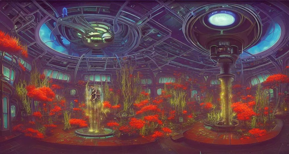 Image similar to fish eye lens a bright minimalist bioluminescent oil painting by donato giancola, warm coloured, cinematic scifi luxurious futuristic foggy steam filled victorian garden mall interior with microscopy radial windows flowers growing out of pretty bulbous ceramic fountains, gigantic pillars and flowers, maschinen krieger, beeple, star trek, star wars, ilm, atmospheric perspective