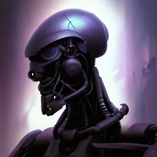 Image similar to dark digital concept art portrait of a high - tech robot on a depth of field background, artstation, award - winning realistic sci - fi concept art by jim burns and greg rutkowski, beksinski, a realism masterpiece, moody color palette, james gilleard, bruegel, alphonse mucha, and yoshitaka amano