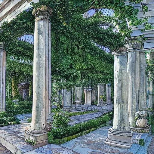 Image similar to garden on paper floating puffy vines herbarium watercolors iridescent 8 k wide angle realistic artstation italian neoliberty architecture pompeii