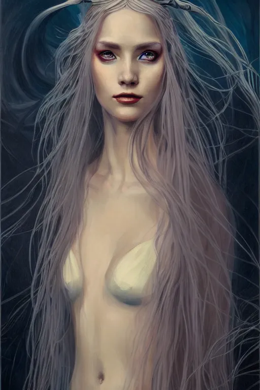 Prompt: portrait of a young female wizard in flowing sensual dress, long flowing hair, delicate, looking at camera, slightly smiling, realistic face, stylish, elegant, grimdark fantasy, extremely detailed painting inspired by Gerald Brom and Simon Stalenhag, studio lighting