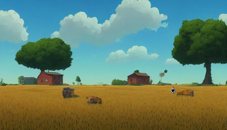 Image similar to gigantic cat next to the small house, wheat field harvesting, big tree, matte painting, art station, blue sky, simon stalenhag