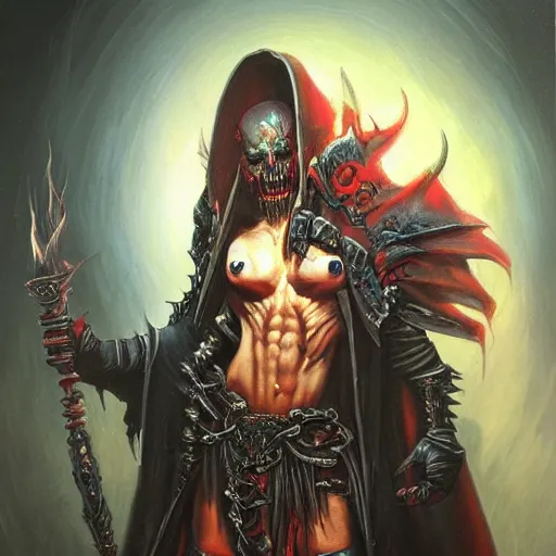 Prompt: a hyper realistic oil painting of a necromancer from diablo, dark fantasy, horror, retro fantasy