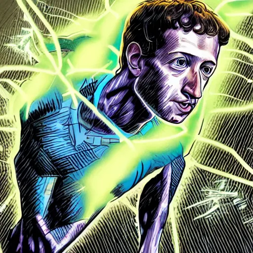 Prompt: mark zuckerberg's brain exploding from the inside out as he is killed by artificial intelligence he himself created, epic comicbook concept art