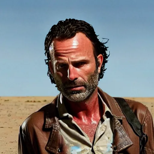 Prompt: Rick Grimes walking down a lonesome desert road