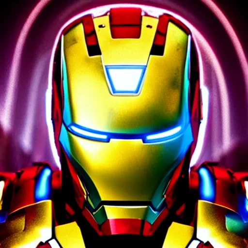 Image similar to Iron man, close up shot, neon, futuristic, photorealistic, 8K, reflection on helmet,