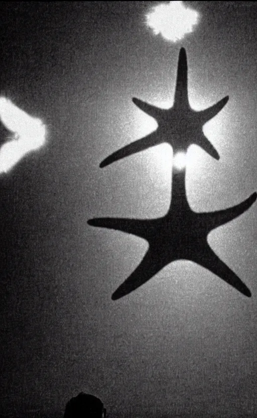 Image similar to light coming out of one starfish - like kaiju anthropomorphic monster, korean film noir by kim jong - il, korean traditional palace, pyongyang city, 1 9 6 0 s, red color bleed, 4 k, video compression, video glitch, monochrome, akira kurosawa, mamoru oshii, wes anderson, stanley kubrick