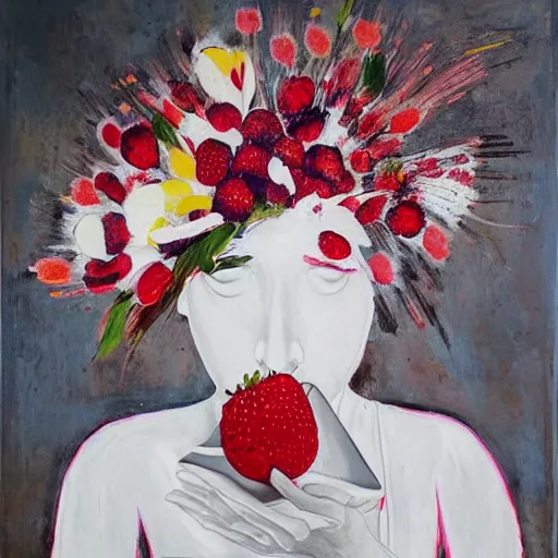 Prompt: “art in an Australian artist’s apartment, portrait of a woman wearing stained white cotton cloth, stained by fresh raspberries and strawberries and blueberries, white wax, edible flowers, Japanese pottery, Australian native white and red flowers ikebana, black walls, acrylic and spray paint and oilstick on canvas”