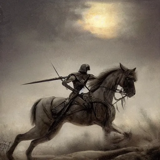 Prompt: a haunting Digital art of a tired spartan soldier riding a skeleton horse on the battlefield in the style of an oil painting, acrylic, bleak, moonlight, detailed, dark, ominous, threatening, haunting, forbidding, gloomy,stormy, doom, apocalyptic,sinister, shadowy, ghostly,unnerving, harrowing, dreadful ,frightful, shocking, terror, hideous, ghastly, terrifying