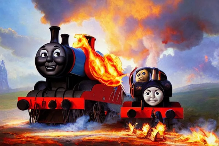 thomas the tank engine on fire as the 4 horsemen of