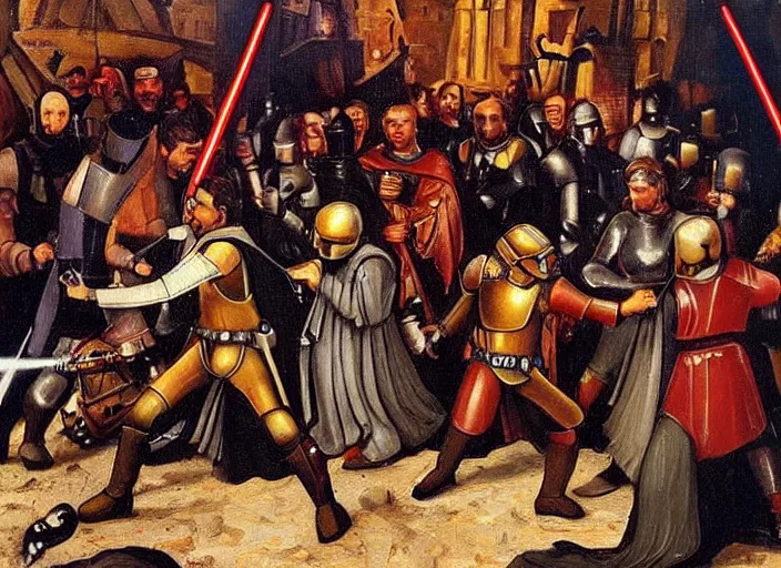 Image similar to medieval oil painting depicting star wars events, realistic, sharp, detailed