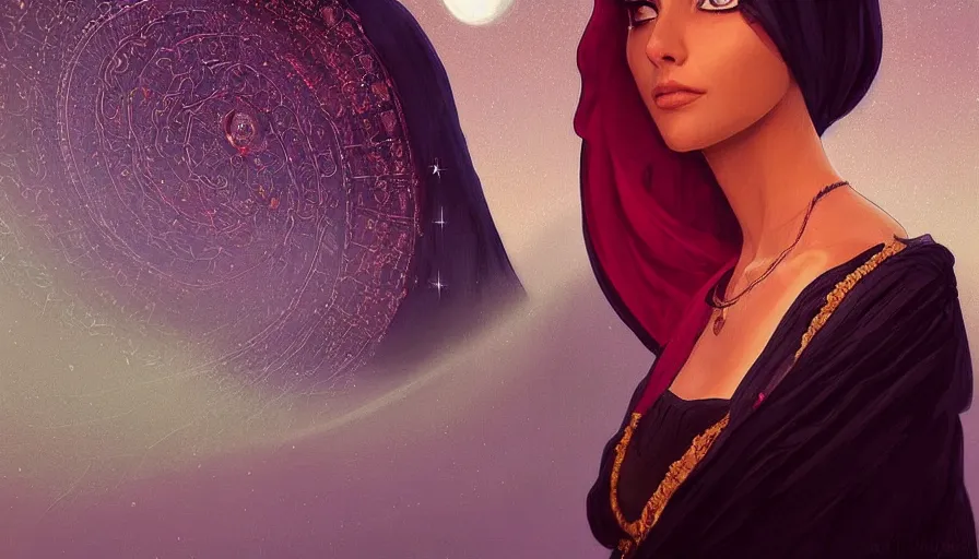 Image similar to Portrait of very very very very very very beautiful Arab woman wearing a Niqab, under giant full moon in the desert, intricate, glowing magical eyes, energy trails, elegant, highly detailed, digital painting, artstation, concept art, smooth, sharp focus, illustration, art by artgerm and greg rutkowski and alphonse mucha