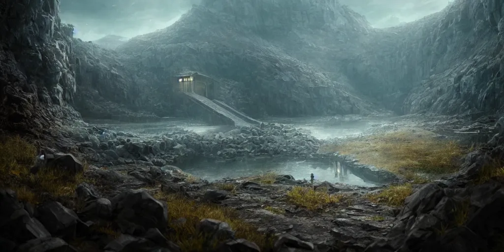 Image similar to an ultra realistic, cinematic, fantasy landscape, with a deserted coal mine entrance into the mountain, detailed, deep focus, movie still, dramatic lighting, ray tracing, by wlop and ross tran