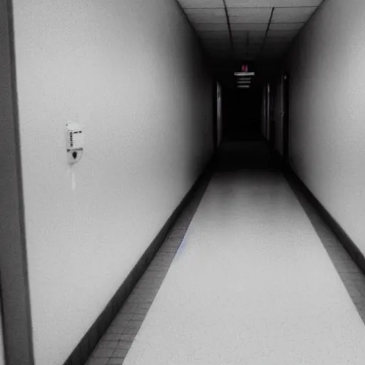 Image similar to hospital hallway, hidden blurry shadow man, eerie, liminal, creepy