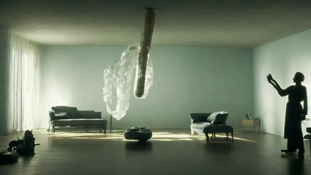 Image similar to a giant hand made of wax and water floats through the living room, film still from the movie directed by Denis Villeneuve with art direction by Salvador Dalí, wide lens