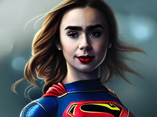 Prompt: a potrait of Lily Collins as Supergirl with man of steel suit style and full armour by Greg Rutkowski, Sung Choi, Mitchell Mohrhauser, Maciej Kuciara, Johnson Ting, Maxim Verehin, Peter Konig, 8k photorealistic, cinematic lighting, HD, high details, dramatic, trending on artstation, half body shot