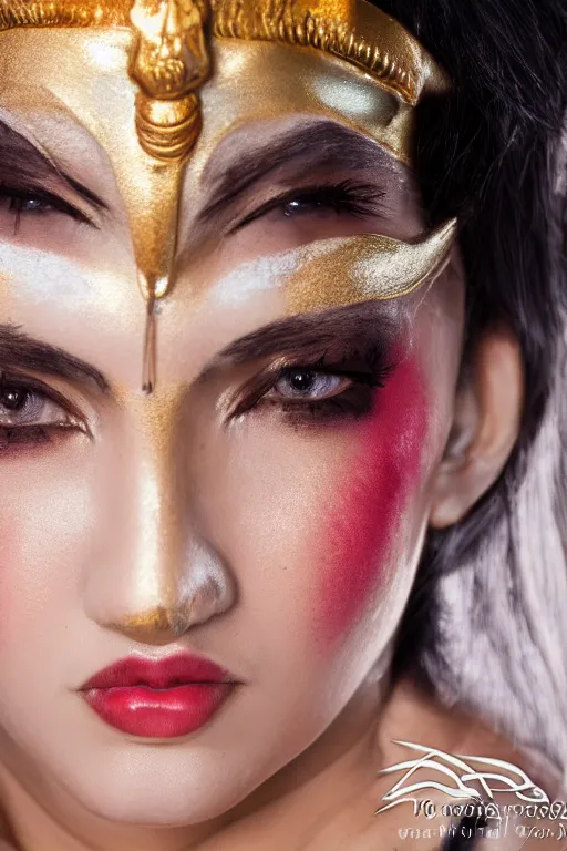 Image similar to close up headshot of young greek italian woman as ramayana, cosplay, studio lighting