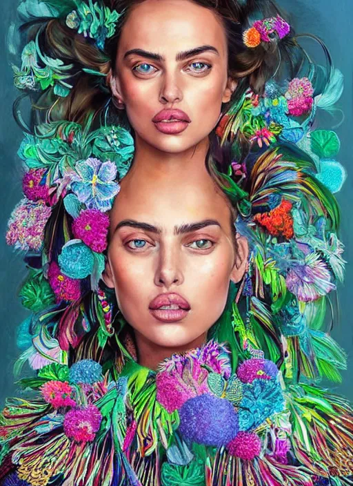 Image similar to beautiful portrait of Irina Shayk wearing fantastic Hand-dyed cotton dress,embellished beaded feather decorative fringe knots ,colorful pigtail,subtropical flowers and plants,symmetrical face,intricate,elegant,highly detailed,8k,digital painting,trending on pinterest,harper's bazaar,concept art, sharp focus, illustration, by artgerm,Tom Bagshaw,Lawrence Alma-Tadema,greg rutkowski,alphonse Mucha