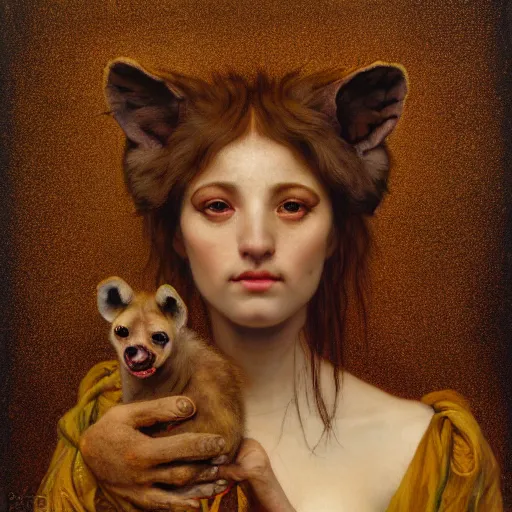 Prompt: a portrait of a hyena lady, titian, sam spratt, maxfield parrish, gustav klimt, tom bagshaw, mark ryden, alphonse mucha, rembrandt, high quality, painting, oil