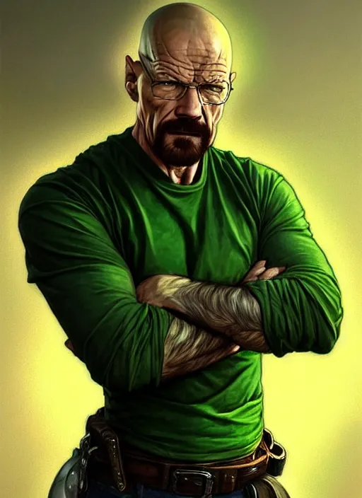 Prompt: portrait of aggressive walter white, d & d, muscular! green, fantasy, intricate, elegant, highly detailed, digital painting, artstation, concept art, smooth, sharp focus, illustration, art by artgerm and greg rutkowski and alphonse mucha