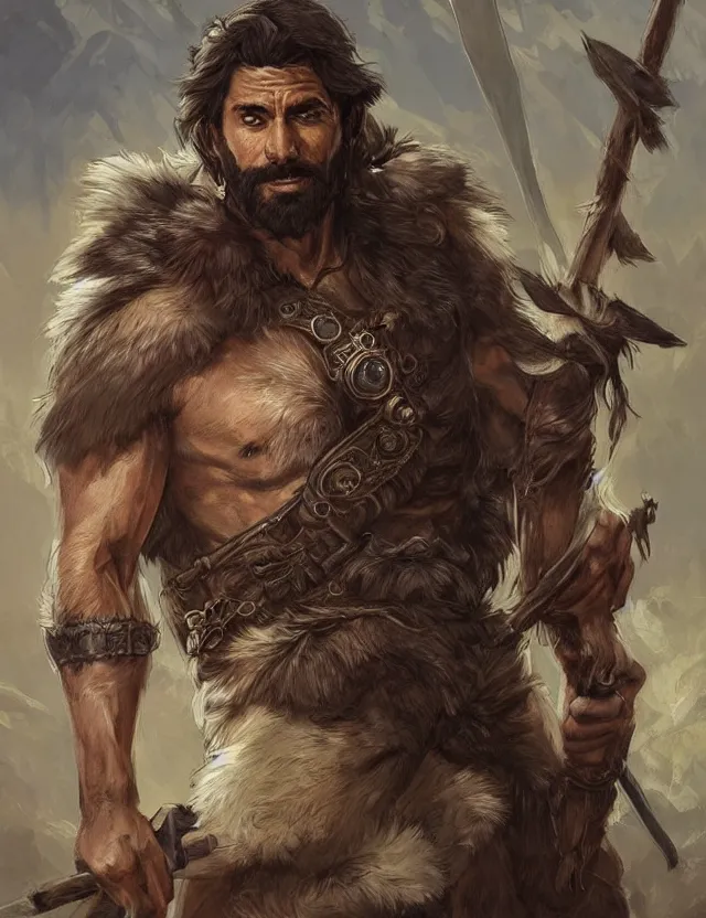 Prompt: portrait of a gruff ranger with a spear, accompanied by a black wolf, muscular, handsome face, hairy body, D&D, fantasy, intricate, elegant, highly detailed, digital painting, artstation, concept art, matte, sharp focus, illustration, art by Artgerm and Greg Rutkowski and Alphonse Mucha