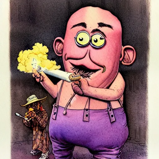 Prompt: a realistic and atmospheric watercolour fantasy character concept art portrait of mr. potato head with pink eyes wearing a wife beater and smoking a huge blunt by rebecca guay, michael kaluta, charles vess and jean moebius giraud