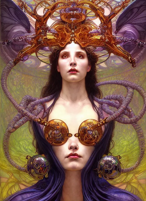 Image similar to hyper detailed masterpiece succubus girl enchantress by donato giancola and tom bagshaw, face by artgerm and edmund leighton, and alphonse mucha, trending on artstation, colorful, psychedelic aesthetic, ornate, background by gustav klimt, 8 k, biomechanical, majestic, volumetric lighting, porcelain skin, concept art, sharp focus