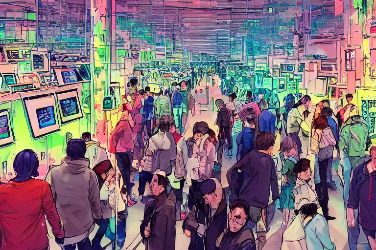 Image similar to people visiting crypto art market in the future, rennaisance, people, gallery, cable, akira, bright colors, concept art