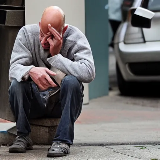 Prompt: homeless jeff bezos begging for food, highly detailed, photograph