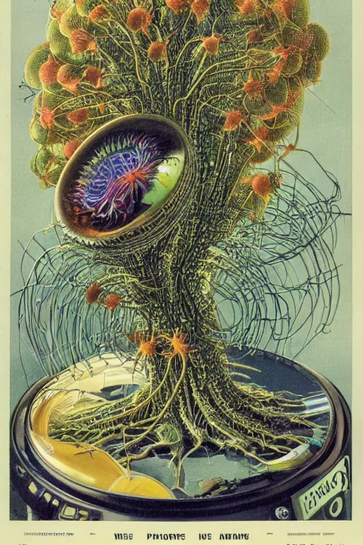 Image similar to vintage magazine advertisement depicting a nerve plant on an old crt television, by marius lewandowski, by ernst haeckel