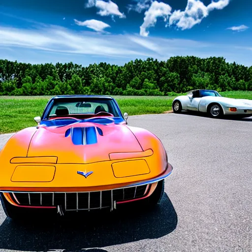 Image similar to blue 1 9 6 9 corvette and a silver 1 9 9 9 miata. 3 5 mm 8 k