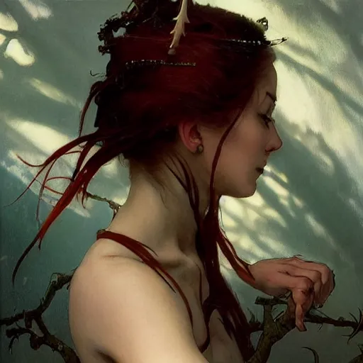 Image similar to portrait of a menacing beautiful vampire, head only, headshot, by Stanley Artgerm Lau , greg rutkowski, thomas kindkade, alphonse mucha, loish, norman rockwell, J. C. Leyendecker. hair waving in the wind, pale skin, sinister complexion, thorn crown, image bordered by thorns, thorn background. D&D, fantasy. Trending on artstation rule of thirds extremely detailed illustration hd 4k