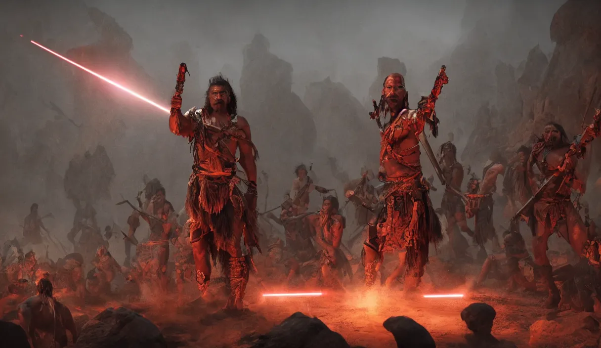 Image similar to an ancient tribesman with laser sword standing in front of barbarian horde, dramatic lighting, cinematic, establishing shot, extremely high detail, photorealistic, cinematic lighting, artstation, octane render, western,old photo, vintage