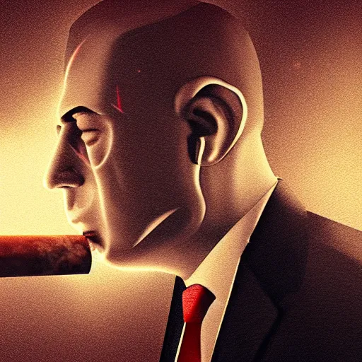 Image similar to a portrait of benjamin netanyahu as an advanced cyborg smoking a cigar, smoke in background, grainy, dramatic lighting, octane render, neutral colors, sharp, 4 k