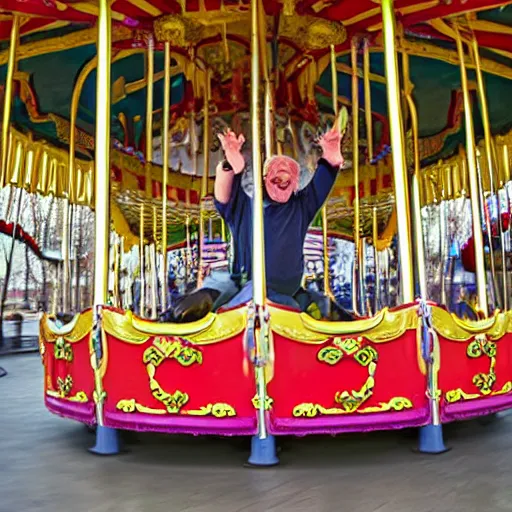 Prompt: A really excited old man riding a merry-go-round carousel at an amusement park, hyperrealism, wide shot