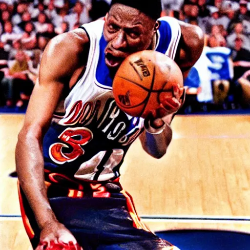 Image similar to A NBA photograph of Venom slam dunking with flames coming from the basket