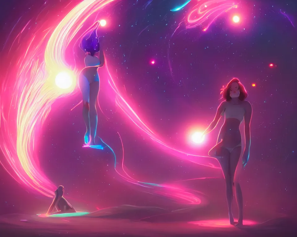 Prompt: beautiful whimsical women standing under a multi-colored binary blackhole with an accretion disc, casting magic, glowing trails following her arms, wearing professional makeup, by Lois van Baarle, by Greg Rutkowski, by artgerm, by beeple, by studio ghibli, cinematic angle, volumetric lighting, 4k resolution, octane render, trending on artstation, masterpiece