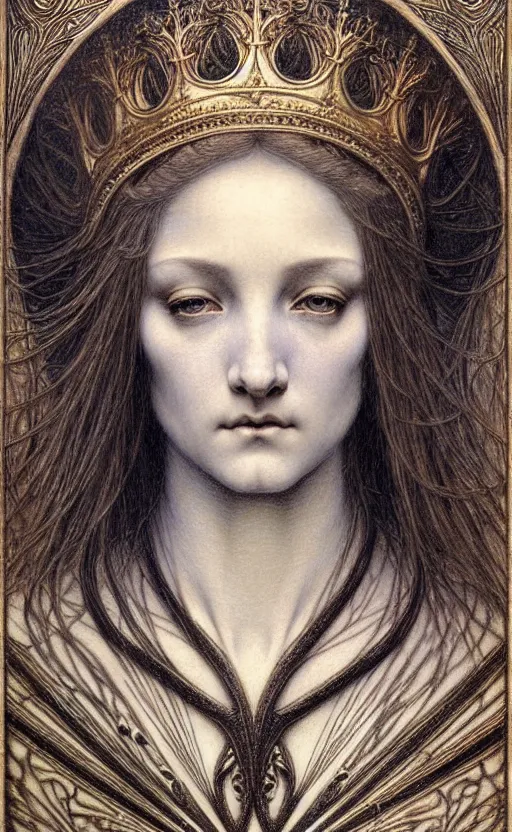 Image similar to detailed realistic beautiful young medieval queen face portrait by jean delville, gustave dore and marco mazzoni, art nouveau, symbolist, visionary, gothic, pre - raphaelite. horizontal symmetry