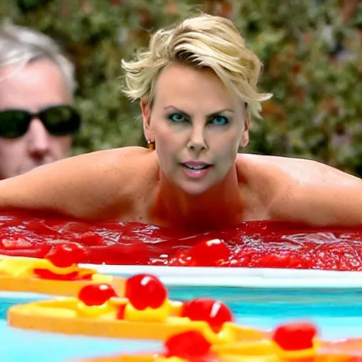 Image similar to charlize theron swimming in a pool filled with ketchup, a vat of red ketchup