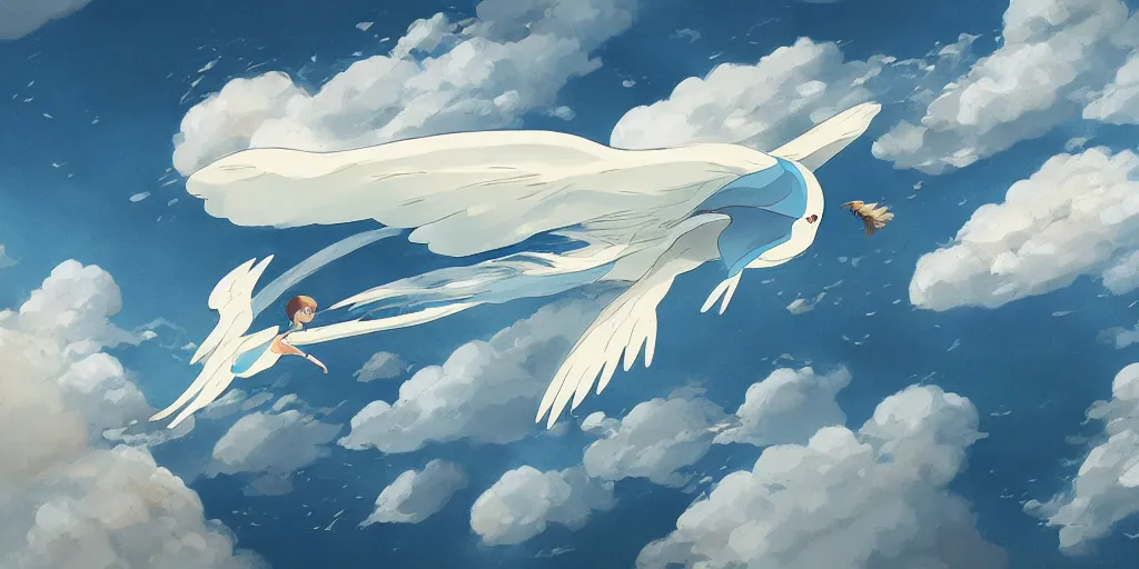 Image similar to A girl flying with a bird-shaped white glider over the clowds, Nausicaa of the Valley of the Wind, Miyazaki Hayao, ghibli style, highly detailed, digital painting, concept art, sharp focus, illustration, anime, trending on artstaion